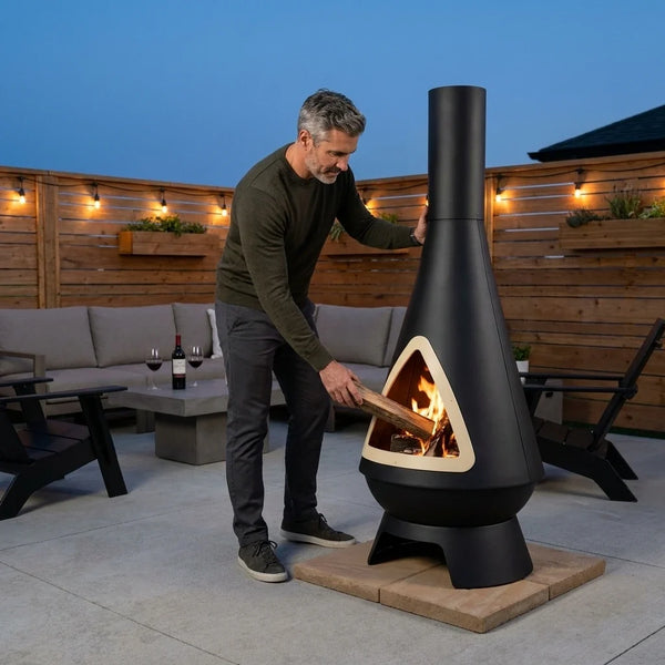 Chiminea Fire Pit Designed for Modern Patios, High-Draft Chimney, Steel Construction, Ceramic Coating